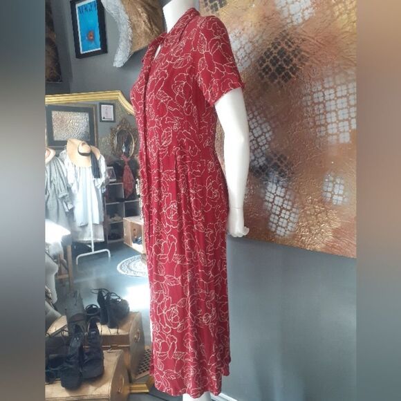 Vintage Eddie Bauer Red Floral Button-Down Midi Dress - Picture 5 of 16